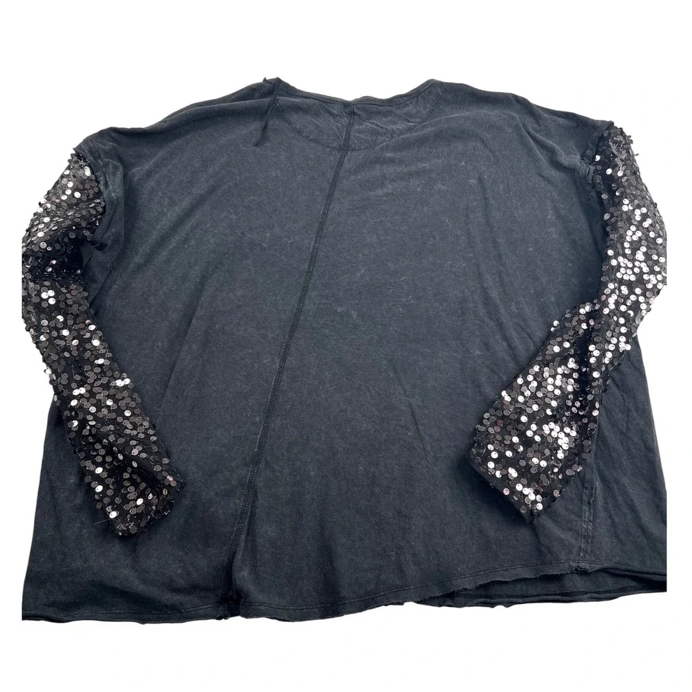 Free People Celine Sequin Sleeve Tee Charcoal Grey Washed Cotton Top OB1403341 M - Picture 9 of 9